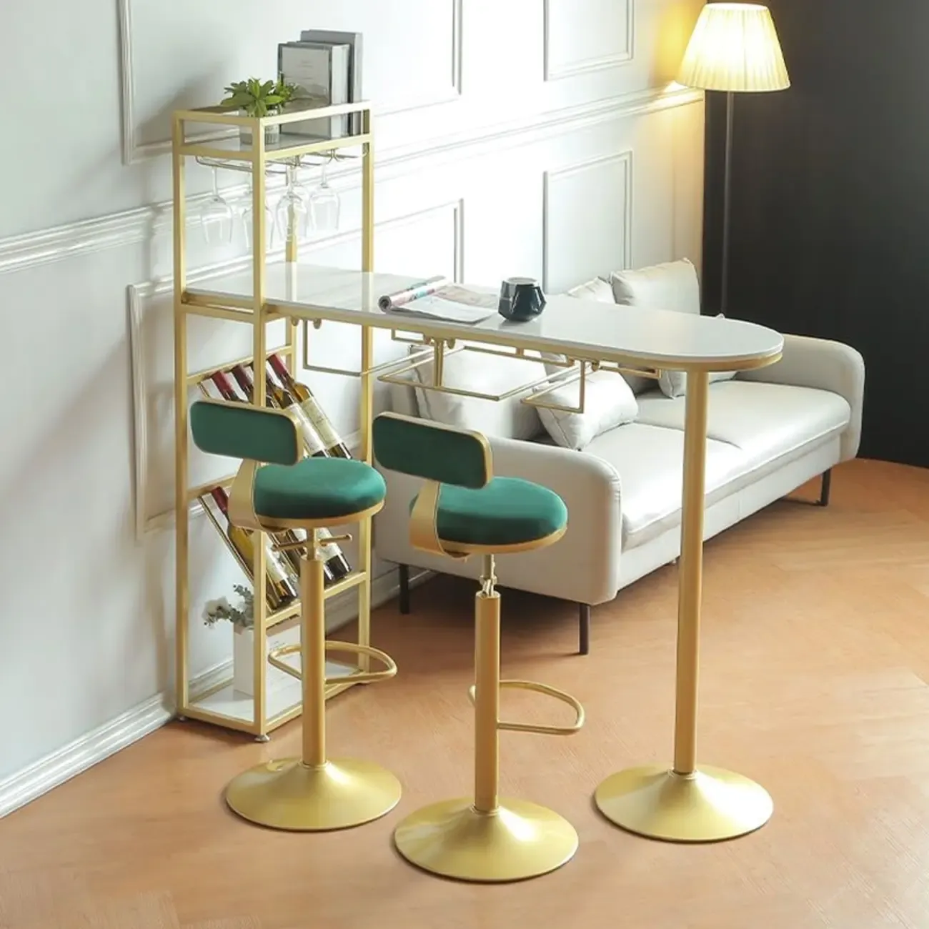 Modern Gold Bar Table with Wine Storage Shelves for Home Bars