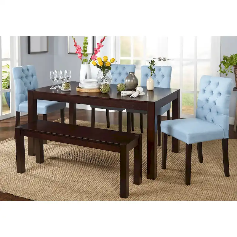 6-Piece Espresso Rubberwood and Fabric Dining Set with Bench