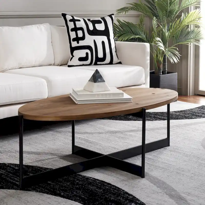 Oval Coffee Table with Fir Wood Top and Metal Base - 48.8