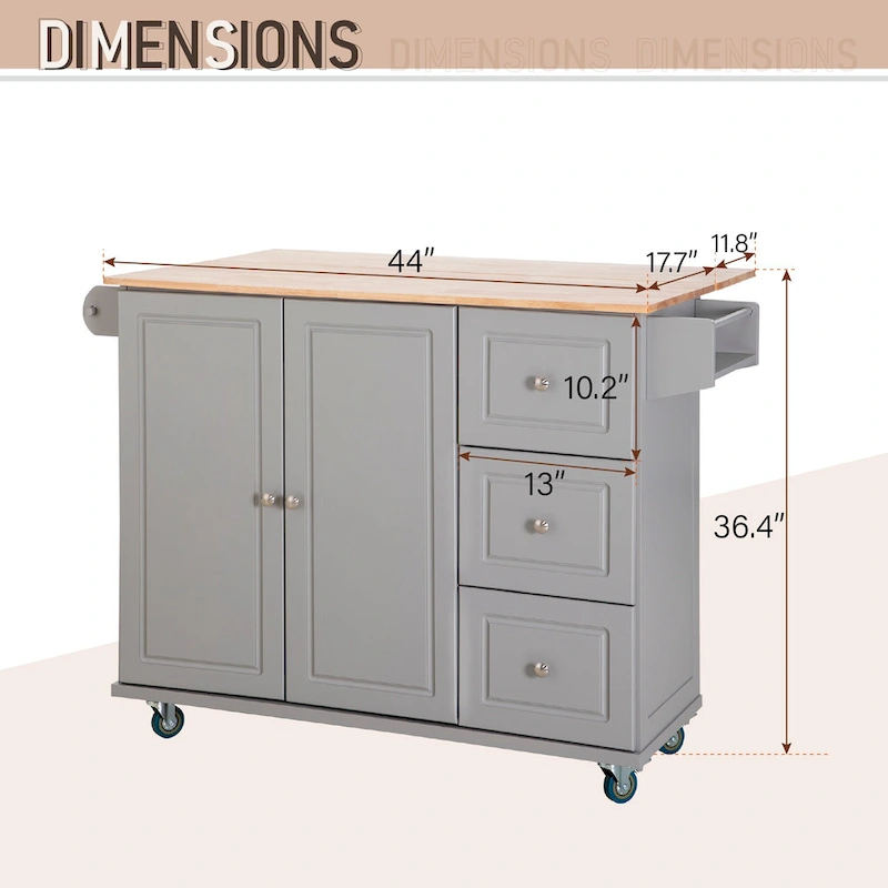 Kitchen Island Cart with Drop-Leaf and Rubber Wood Top, Rolling Kitchen Trolley Cart Cabinet