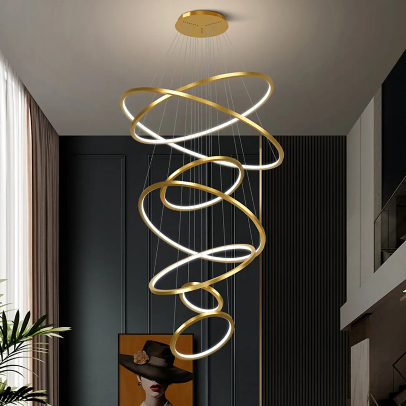 Modern Gold Ring Stairwell Chandelier Warm Light LED