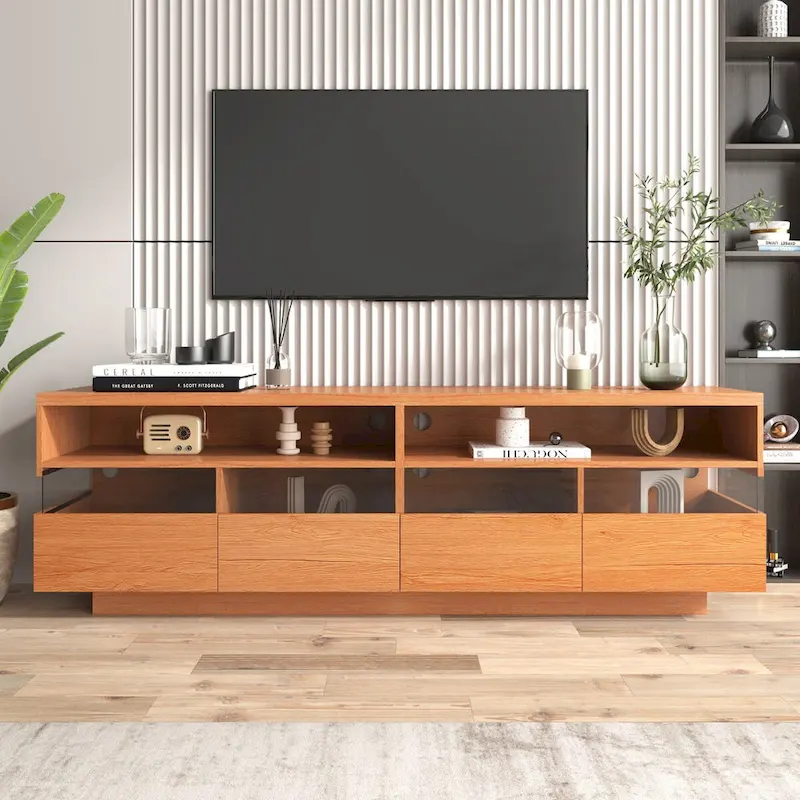 Modern TV with 4 Drawers& 2 open Cabinets, Media Console Table for TVs up to 75