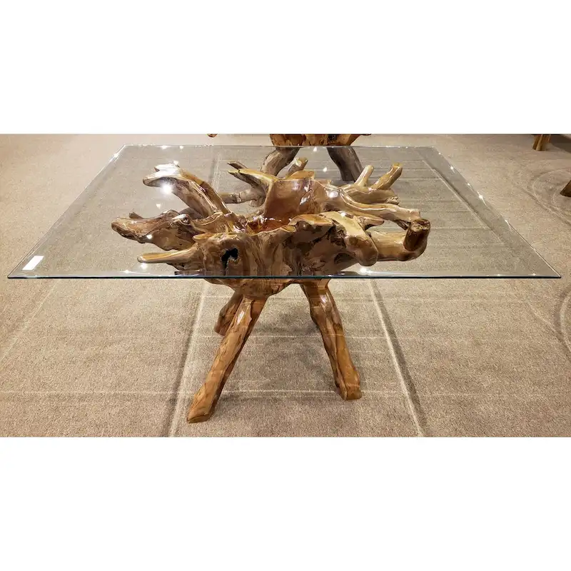 Teak Wood Root Dining Table with 43 inch Square Glass Top
