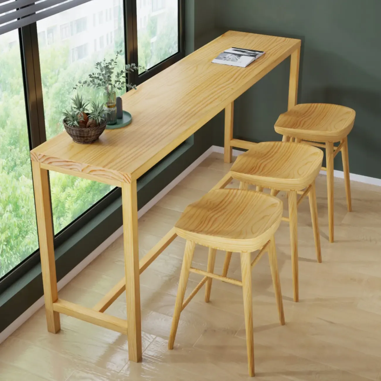 Natural Pine Wood Pub Bar Table with Footrest for 3 People