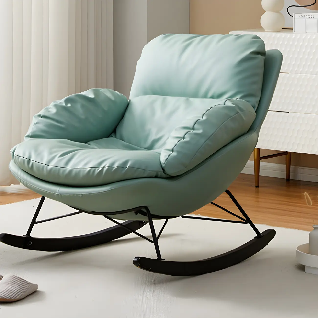 Modern Blue Leather Upholstered Rocking Chair for Indoor