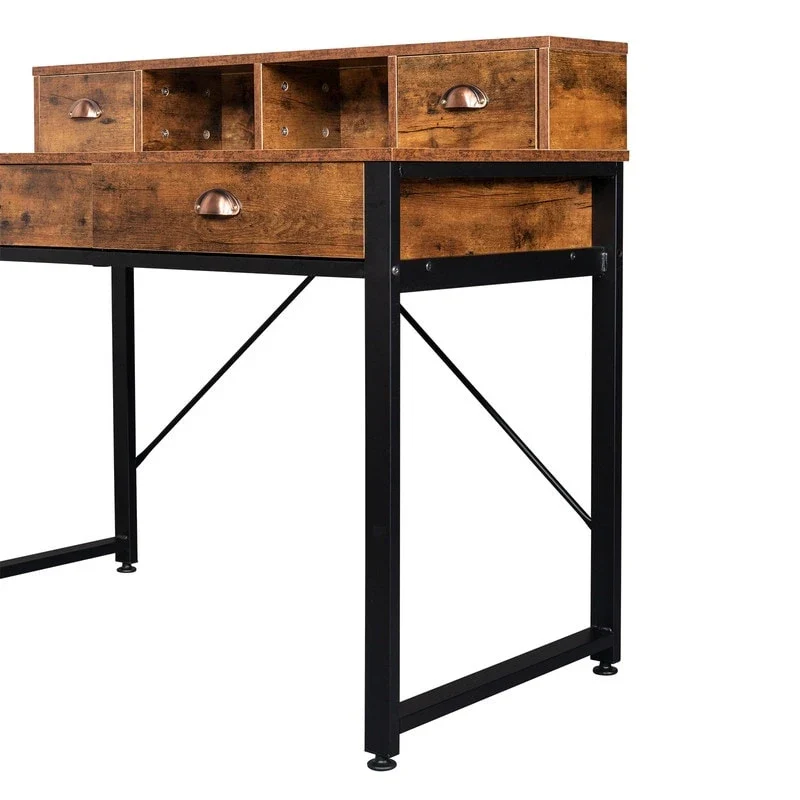 Black Steel Frame Particle Board 4 Drawers Computer Desk