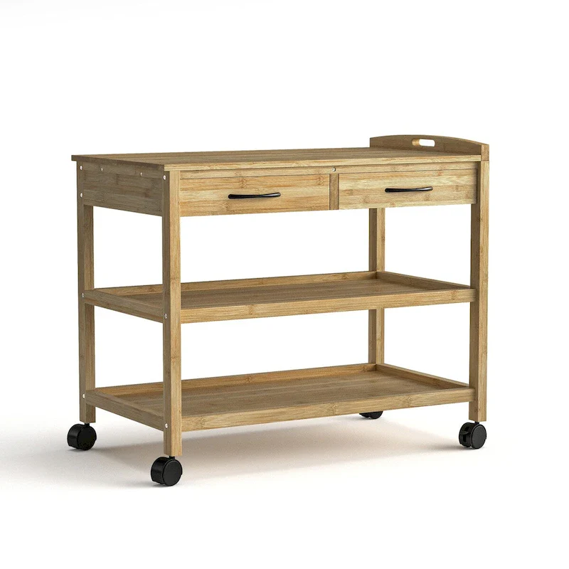 Furniture of America Lux Contemporary Natural Bamboo Kitchen Island Storage Cart with 2 Drawers and 2 Shelves
