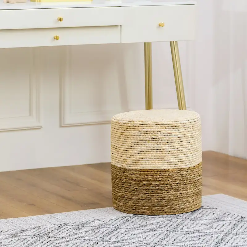 Adeco Round Ottoman Natural Cattail Hand Weave Foot Stool