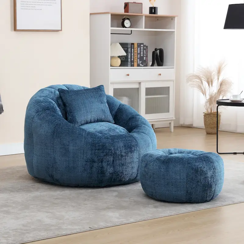 HOMEFUN Chenille Upholstered Round Lazy Cozy Bean Bag Chair with Ottoman and a Pillow