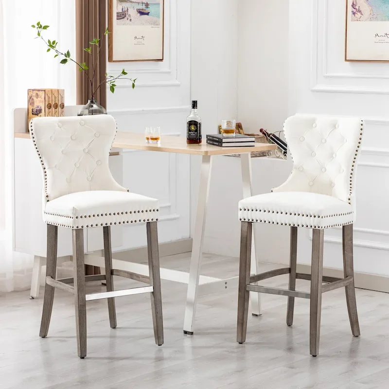 Carter 29  Wingback Tufted Nailhead Bar Stool (Set of 2), Antique Grey Legs