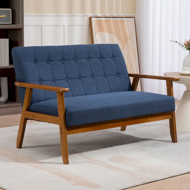 Mid-Century Linen/PU Upholstered Wood Frame Tufted Loveseat Sofa