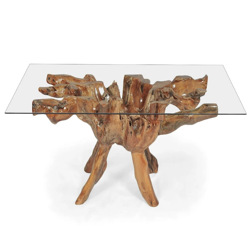 Teak Wood Root Dining Table with 43 inch Square Glass Top