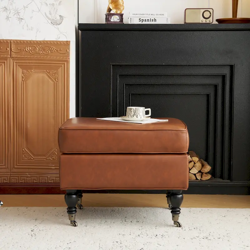Christopher Knight Home - Edward Classic Square PU Leather Ottoman with Solid Wood Legs and Casters
