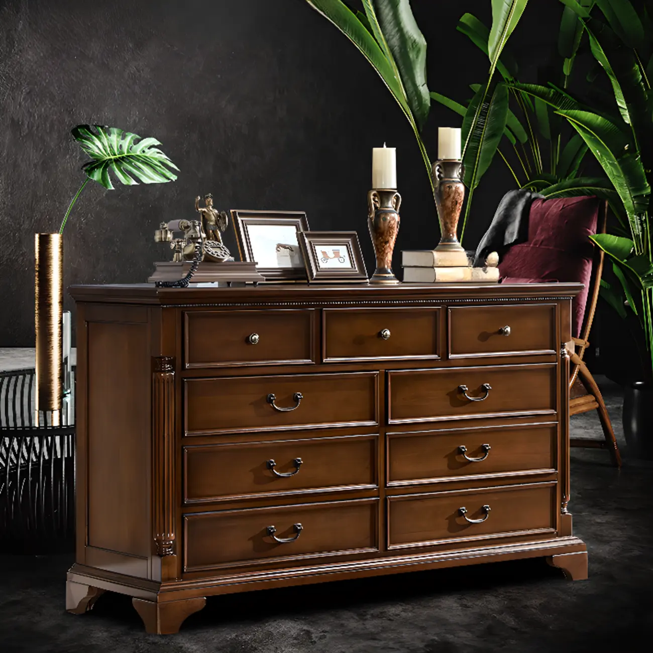 Classic Brown Wooden Double Dressers with 9-Drawers
