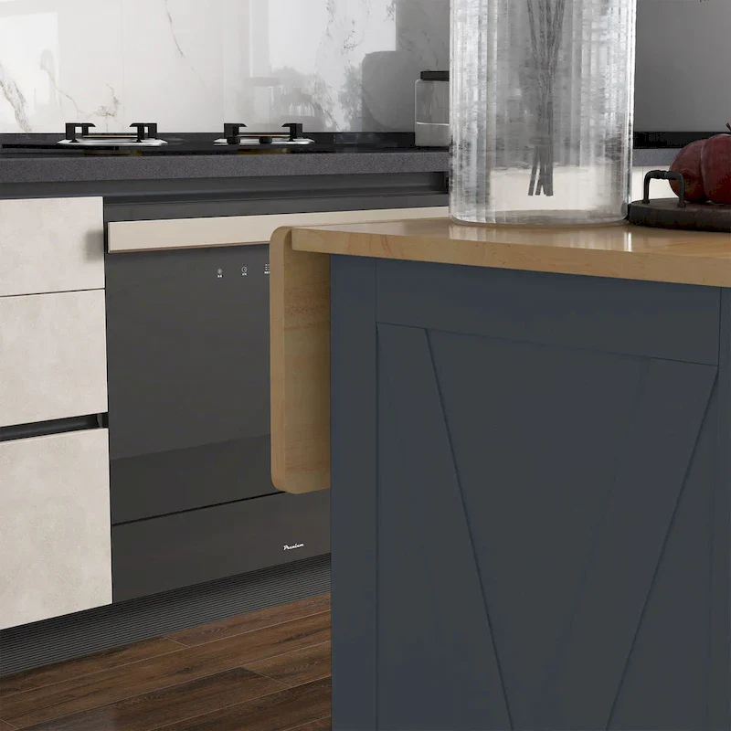 Grey Farmhouse Rolling Kitchen Island Cart with Drop Leaf, 2 Drawers and Cabinet – Single Unit