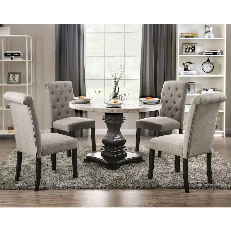 Brec Farmhouse Marble Top 5-Piece Round Dining Table Set with Tufted Chairs by