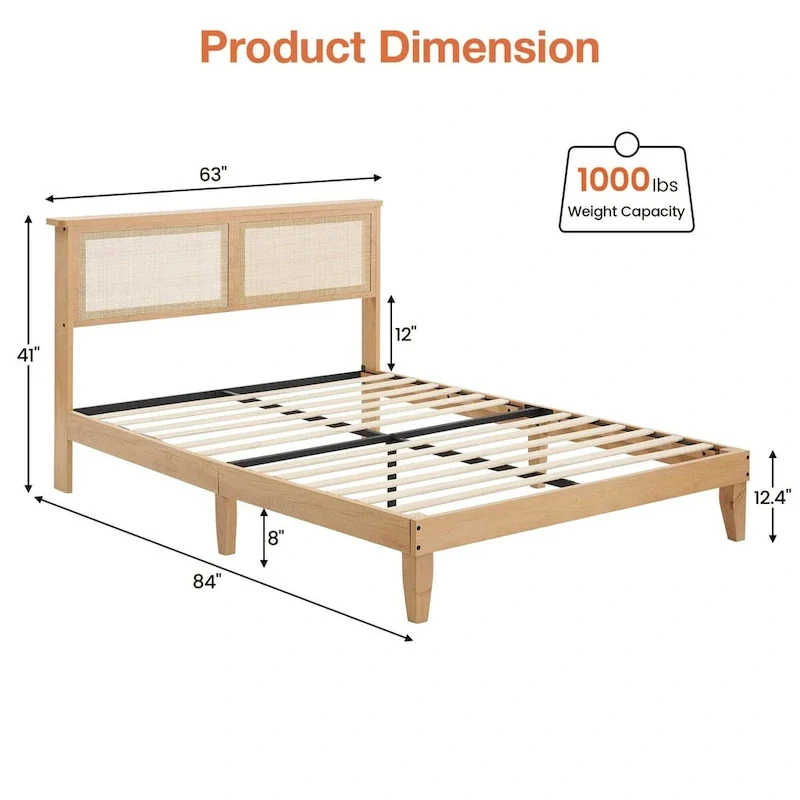 Bed Frame with Natural Rattan