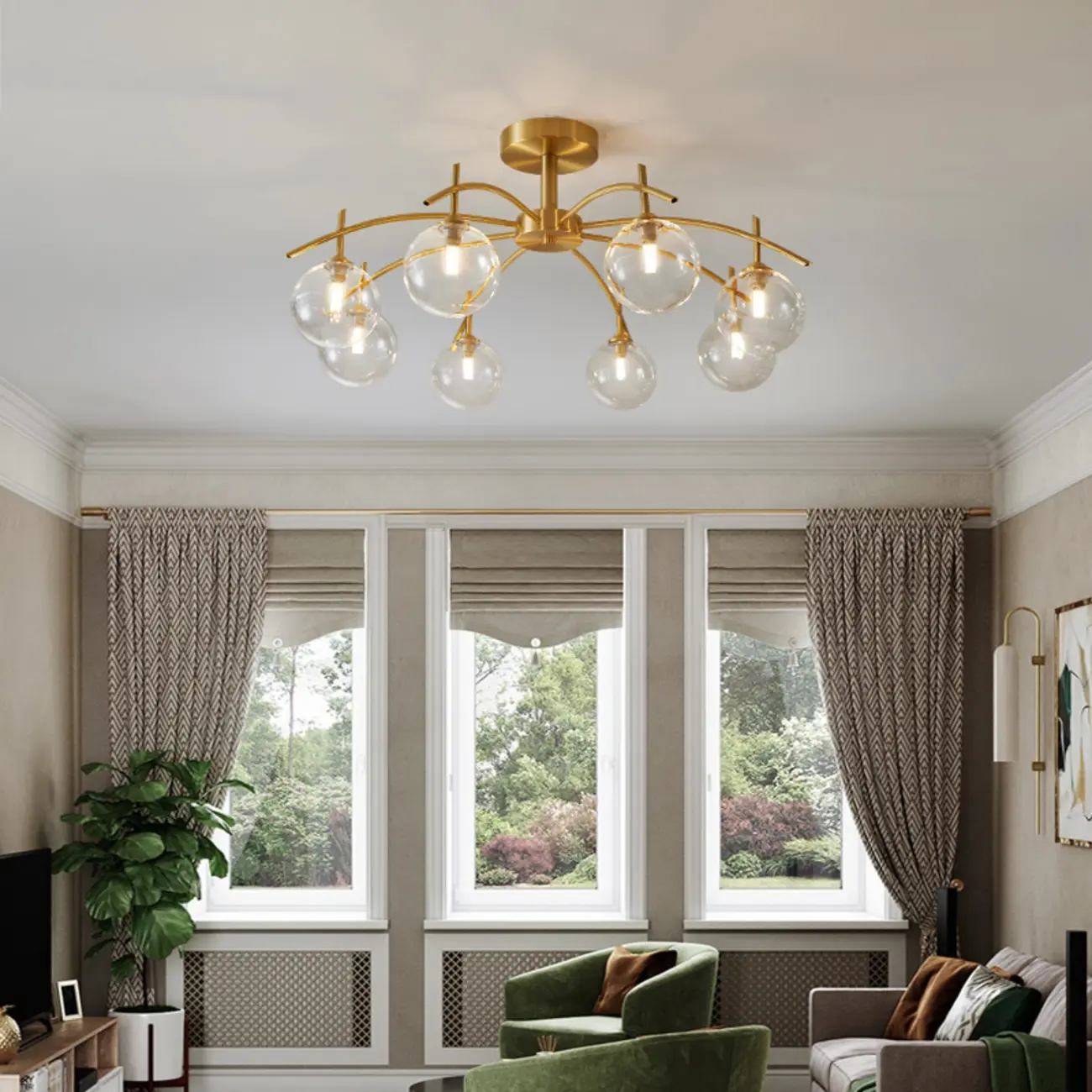 Classic Large Globe Glass Golden Semi Flush Mount Ceiling Light