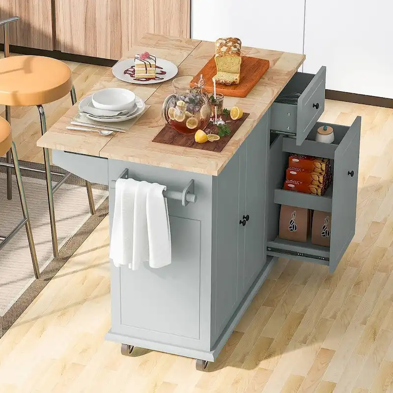53.9 W Modern Versatile Kitchen Island with Drop Leaf and 3 Drawer Cabinets