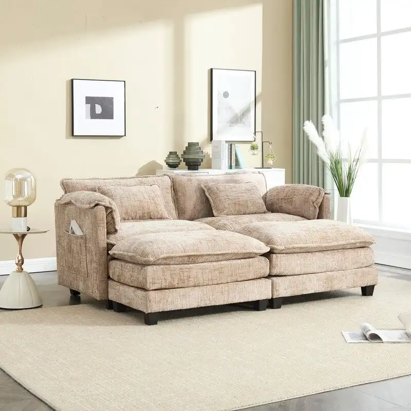76.77  Chenille Upholstered Sofa with 2 Ottomans