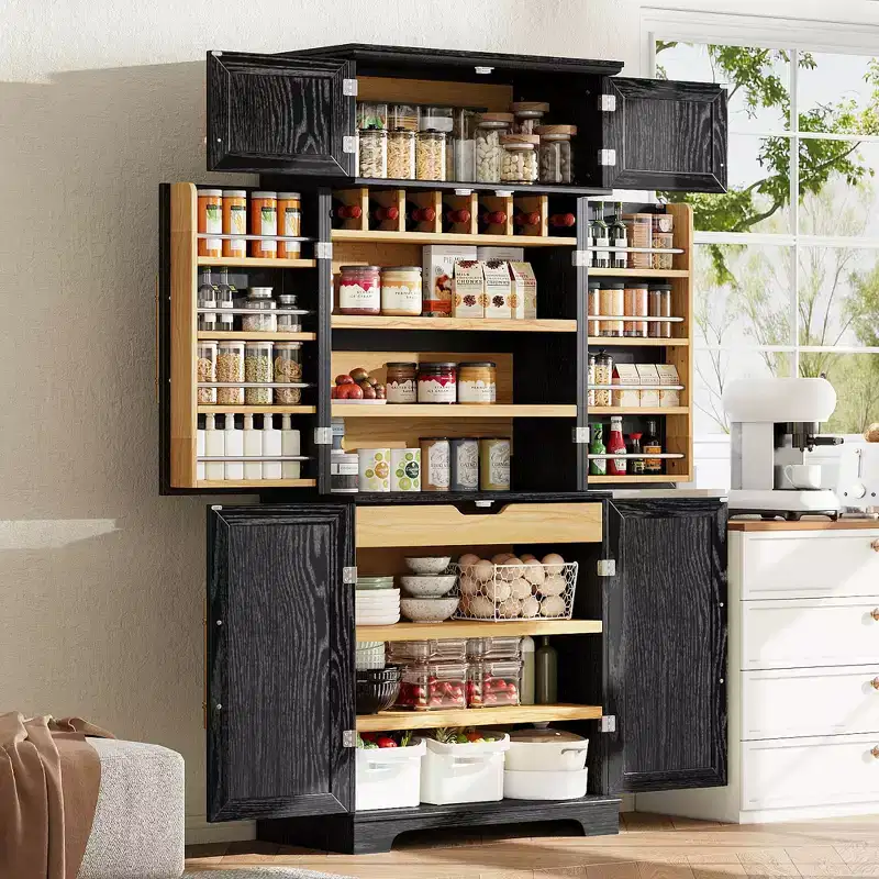 GDFStudio Alaia 78.2 Farmhouse Kitchen Pantry Cabinet with 8 Door Shelves, 3 Adjustable Shelves and Hidden Drawer