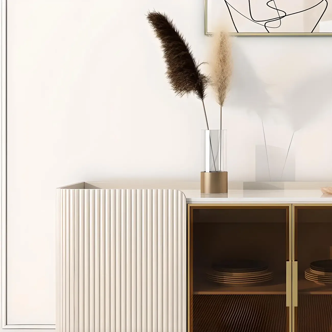 Glam Off-White Stone Countertop Sideboard with Shelves