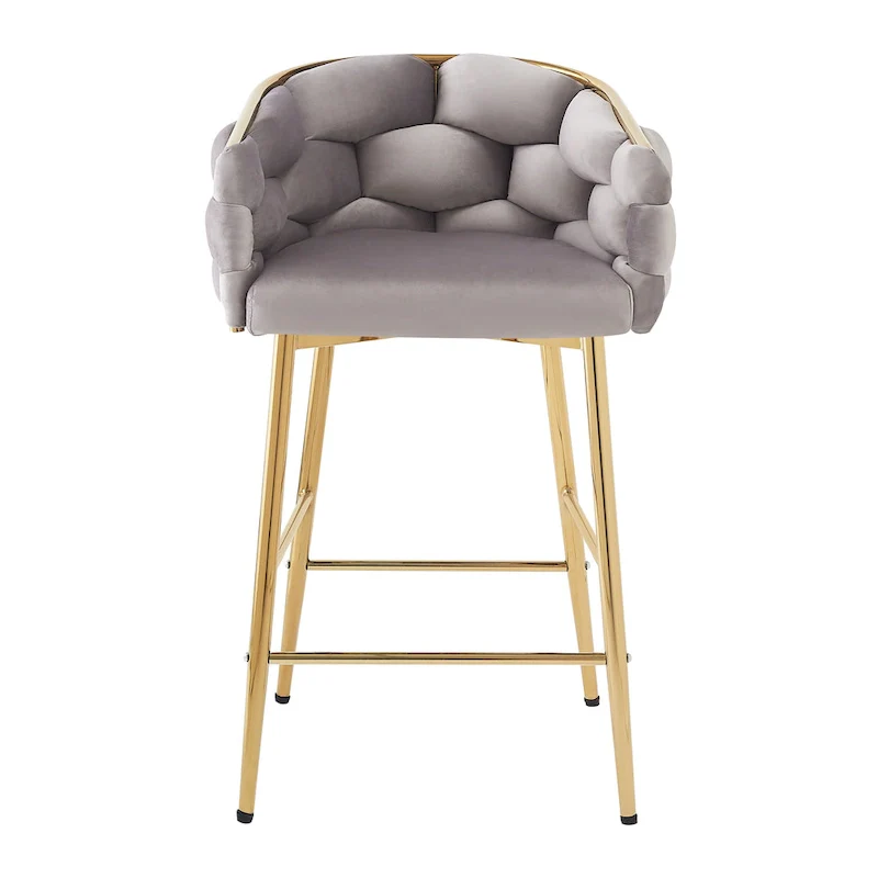 Set of 2 Bar Stools with Velvet Padded Seat and Metal Legs