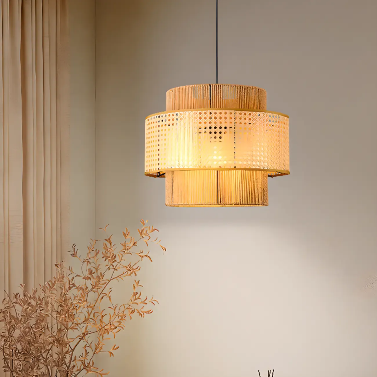 Contemporary Rattan Yellow Cylinder Hanging Pendant Lighting