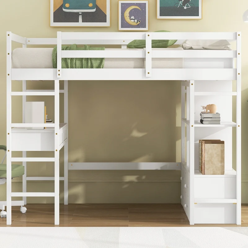 Full Size Loft Bed with Built-in Desk with Two Drawers, and Storage Shelves and Drawers