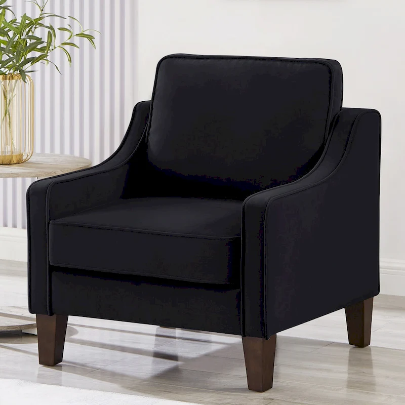 Modern Velvet Upholstered Armchair with Wooden Legs