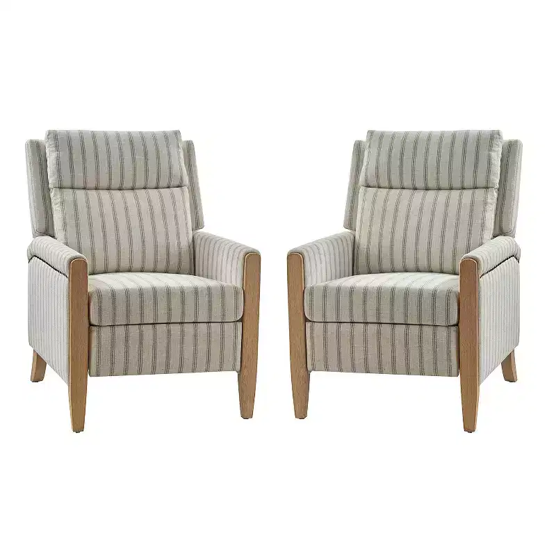 Upholstered Push Back Recliner, Set of 2 — Beige / Blue / Grey / Stripe