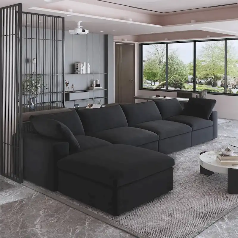 160.6 Modern Linen Sectional Sofa4-seater Modular Couch with Storage Ottoman for Living Room.