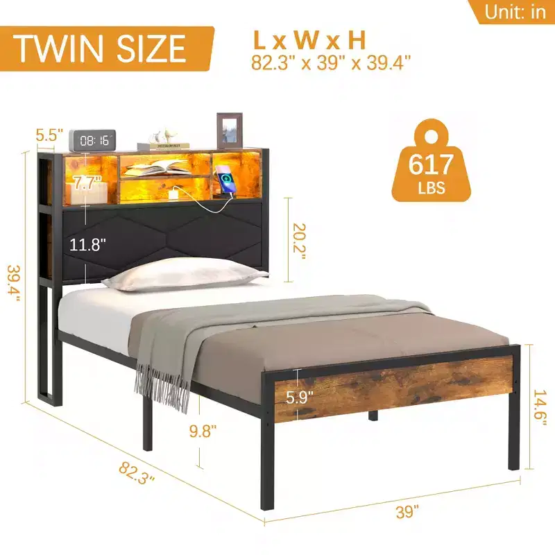 VECELO Upholstered Twin/Full/Queen Size Bed Frame, Metal Frame Platform Bed with Charging Station, Storage Headboard with LED & USB Outlets, Brown