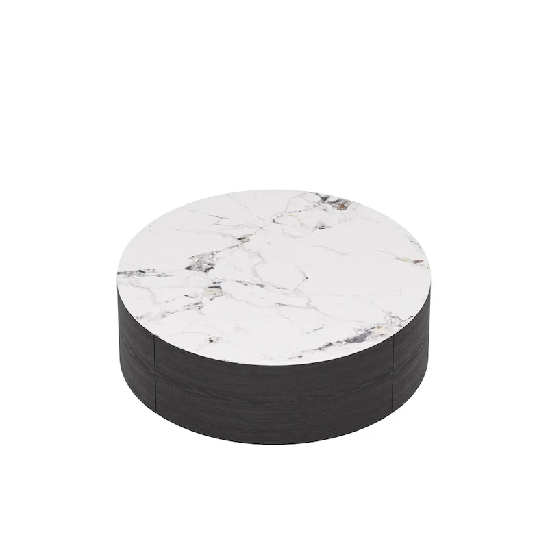 Modern Round Coffee Table, White Sintered Stone Tabletop with 2 Drawers