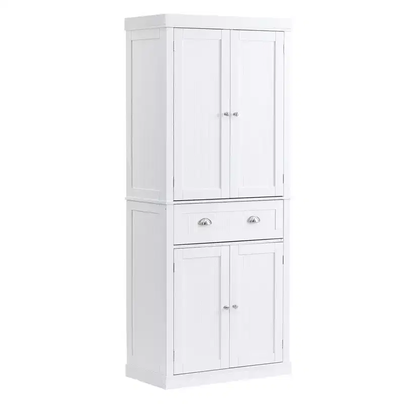 White Freestanding Kitchen Pantry Cabinet with 2 Doors, 2 Drawers & 6 Shelves