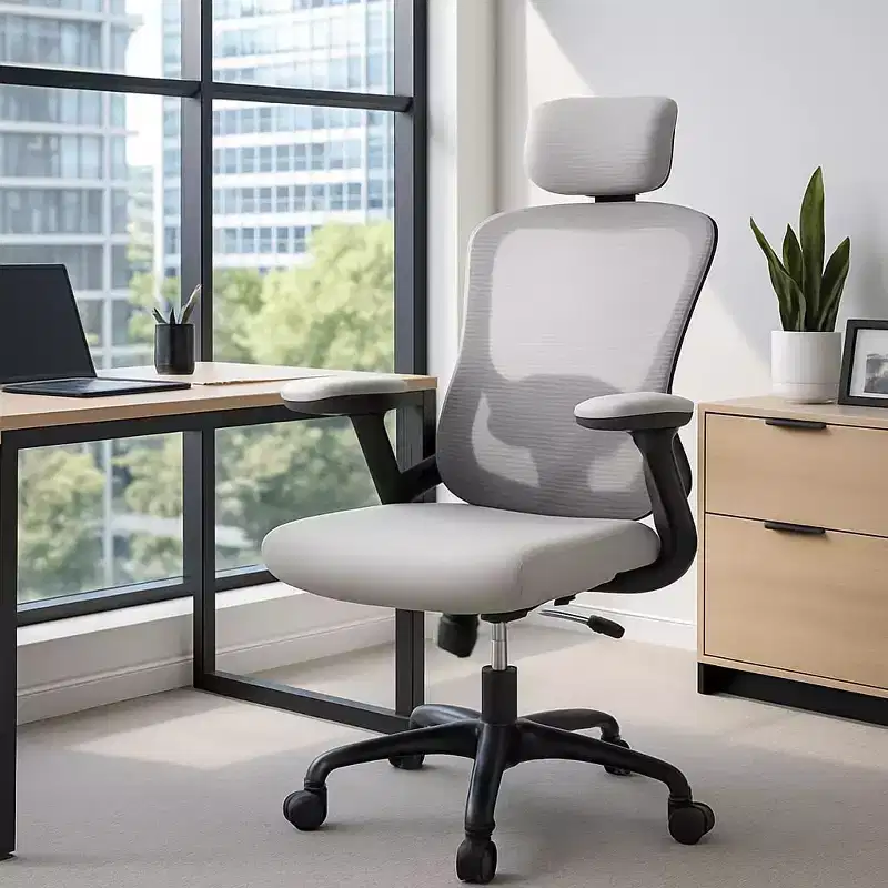 Premium Ergonomic High-Grey Mesh Office Chair - Adjustable Headrest & Reclining Backrest, 360 Swivel - Silent Casters, Skin-Friendly & Durable