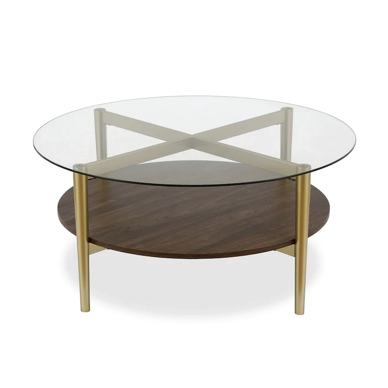 36-Inch Round Glass Coffee Table with Gold Steel Base and Shelf for Storage Modern Living Room Accent Piece - 36L x 36W x 17H