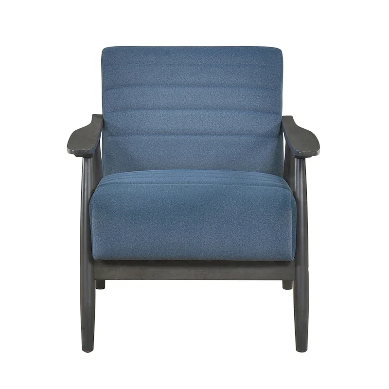 Tira 32 Inch Accent Chair, Channel Stitched, Blue Velvet, Gray Solid Wood