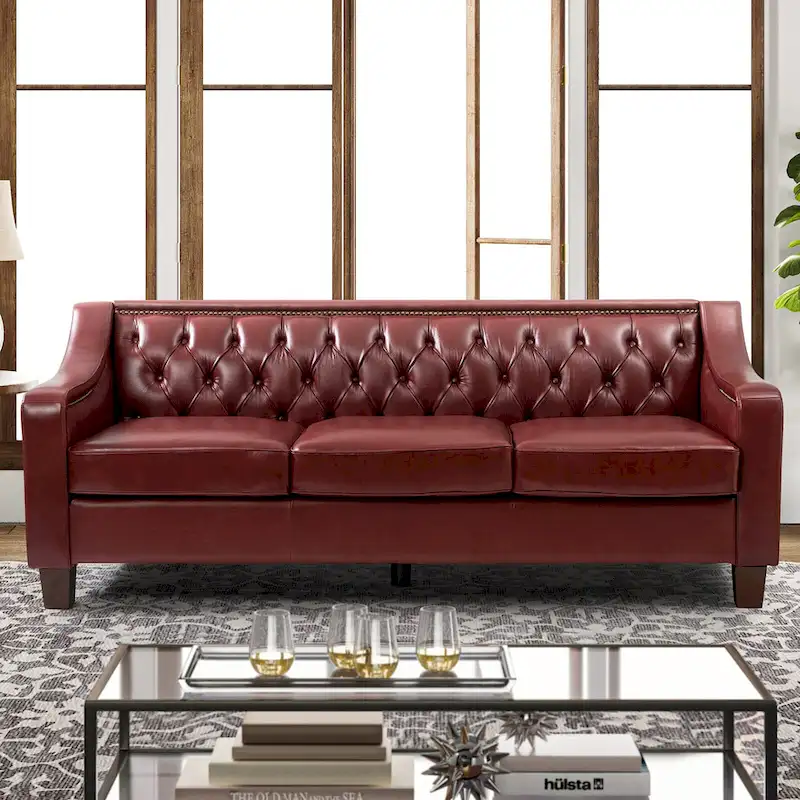 Mateo 82.28 Wide Transitional Genuine Leather Sofa with Nailhead Trim and Button-Tufted Back