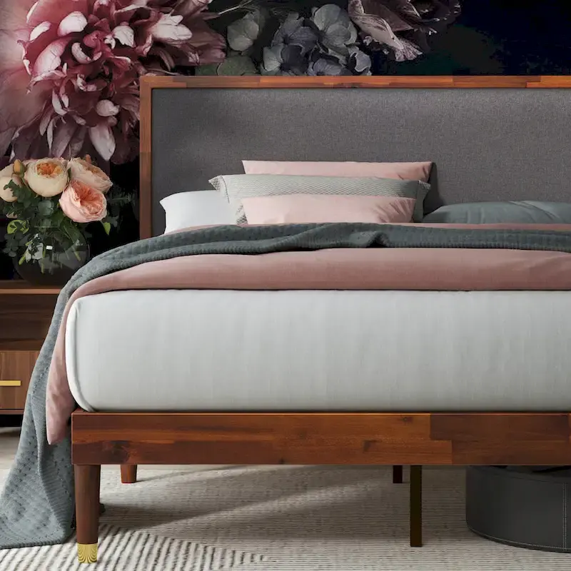Priage by ZINUS Brown Wood Platform Bed Frame with Adjustable Upholstered Headboard