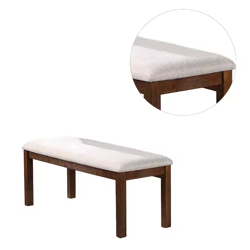 White Upholstered Rectangular Dining Bench, Walnut Wood Frame, Seats 2