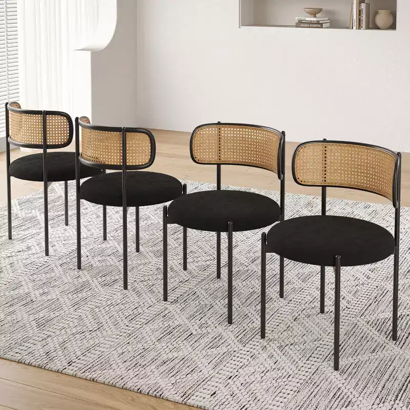 PexFix 2Pcs Modern Upholstered Dining Chairs Rattan Back Dining Room Chairs Accent Kitchen Chairs with Metal Legs Black