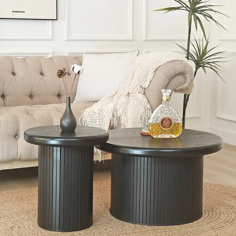 Modern Round Coffee Table Set Double Table Combination Coffee Table with Fluted Table Leg, for Living Room
