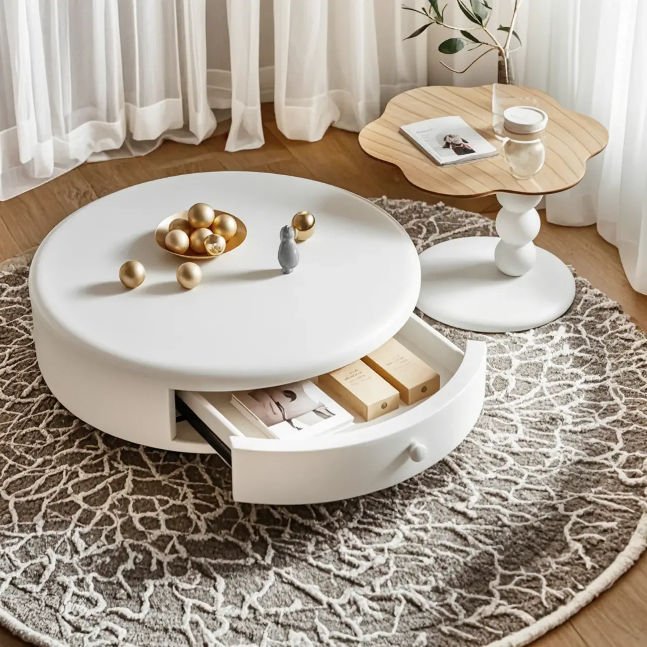 Modern White Round Wood Coffee Table with Drawer