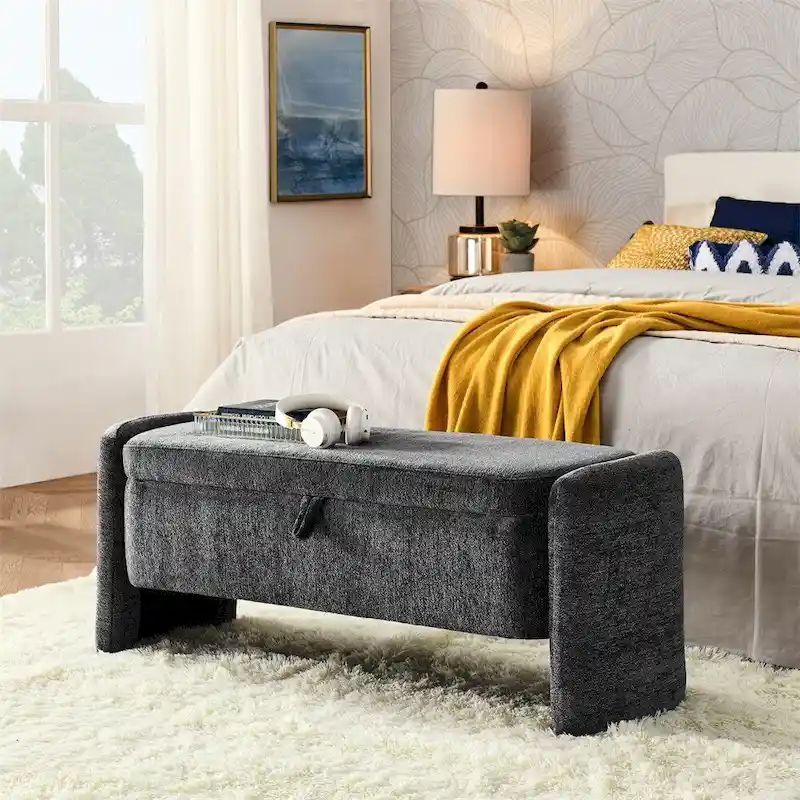 Oval Ottoman Storage Chenille Fabric Bench with Large Storage Space