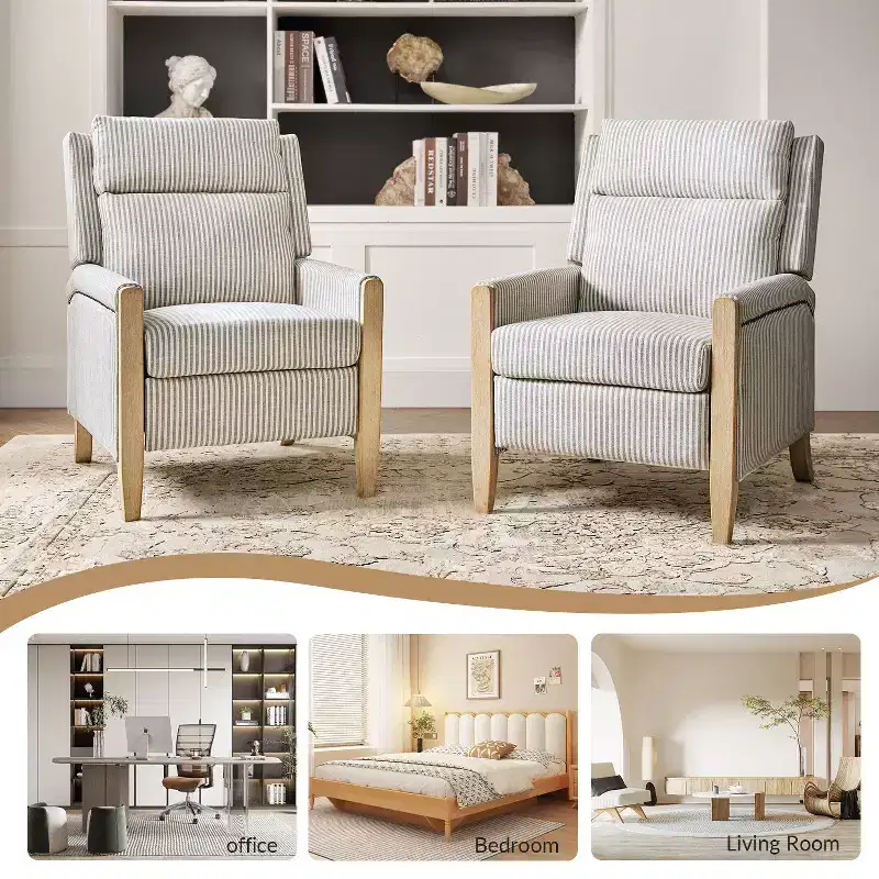 Upholstered Push Back Recliner, Set of 2 — Beige / Blue / Grey / Stripe