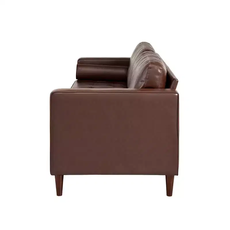 Whisen PU Leather 3-Seat Sofa, Mid-Century Modern Sofa Couch with Tufted Design, Solid Wood Legs, 2 Bolster Pillows