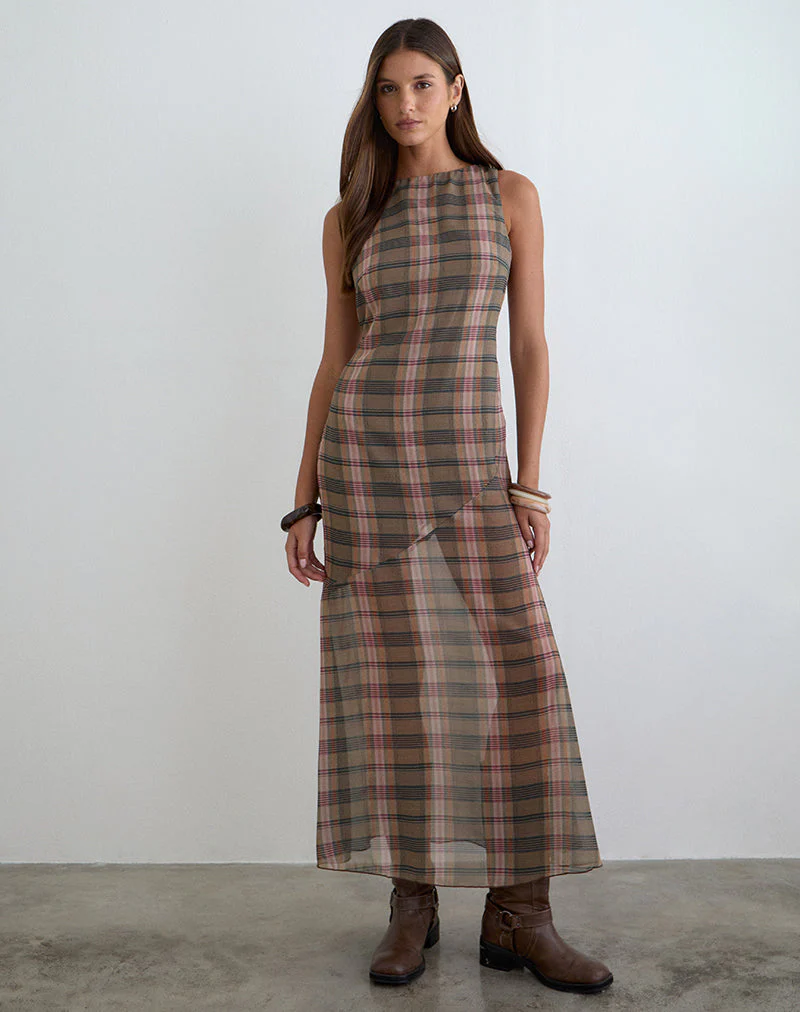 Elska Maxi Dress in Brown and Pink Blurry Check