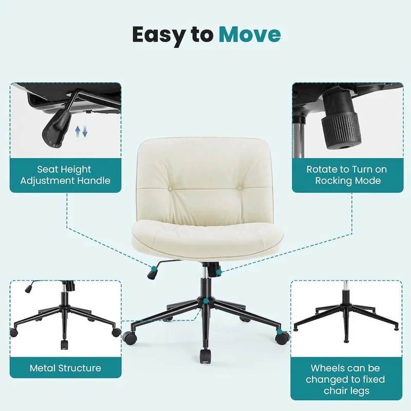 Criss Cross Chair with Wheels, Legged Home Office PU Leather Wide Armless Desk Seat, Rolling Ergonomic Comfy Vanity Seating