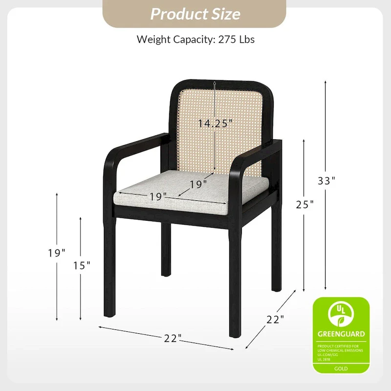 Modern Rattan Back Dining Chair with Removable Cushion - Rubber Wood Frame, Linen Upholstery